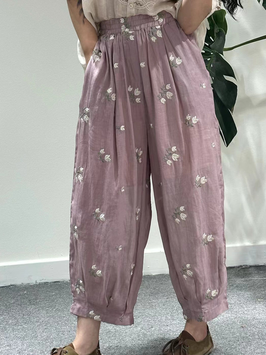 Women Artsy Summer Flower Embroidery Ramie Harem Pants KL1018 Ada Fashion