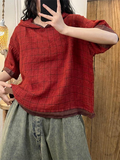 Women Vintage Plaid Summer Ramie Hooded Shirt KL1028 Ada Fashion