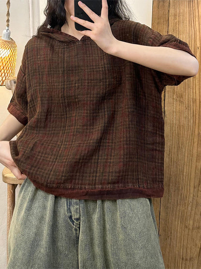 Women Vintage Plaid Summer Ramie Hooded Shirt KL1028 Ada Fashion