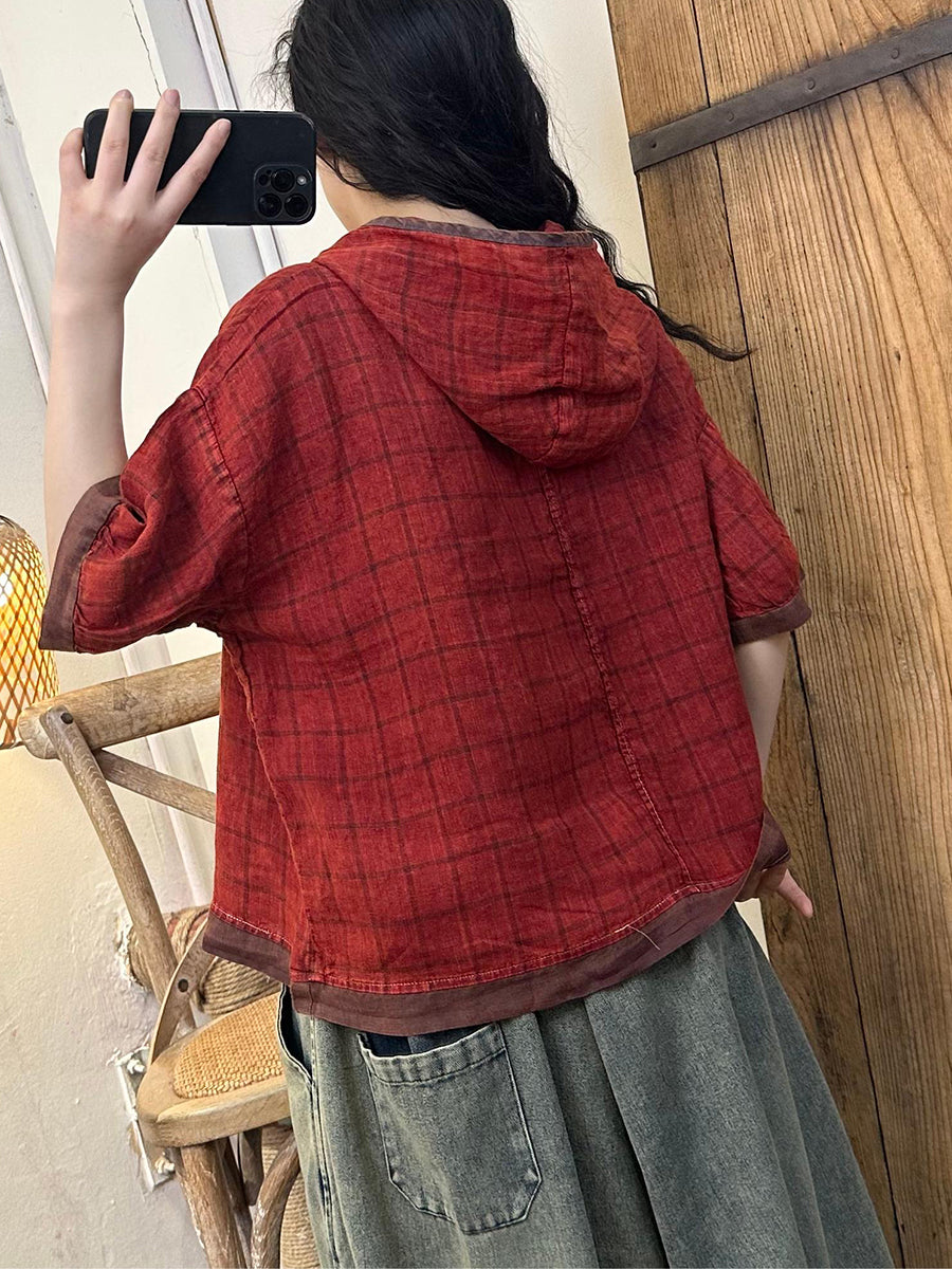 Women Vintage Plaid Summer Ramie Hooded Shirt KL1028 Ada Fashion