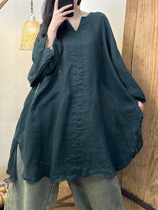 Plus Size Women Spring Solid Loose Ramie Long Shirt KL1020 Ada Fashion