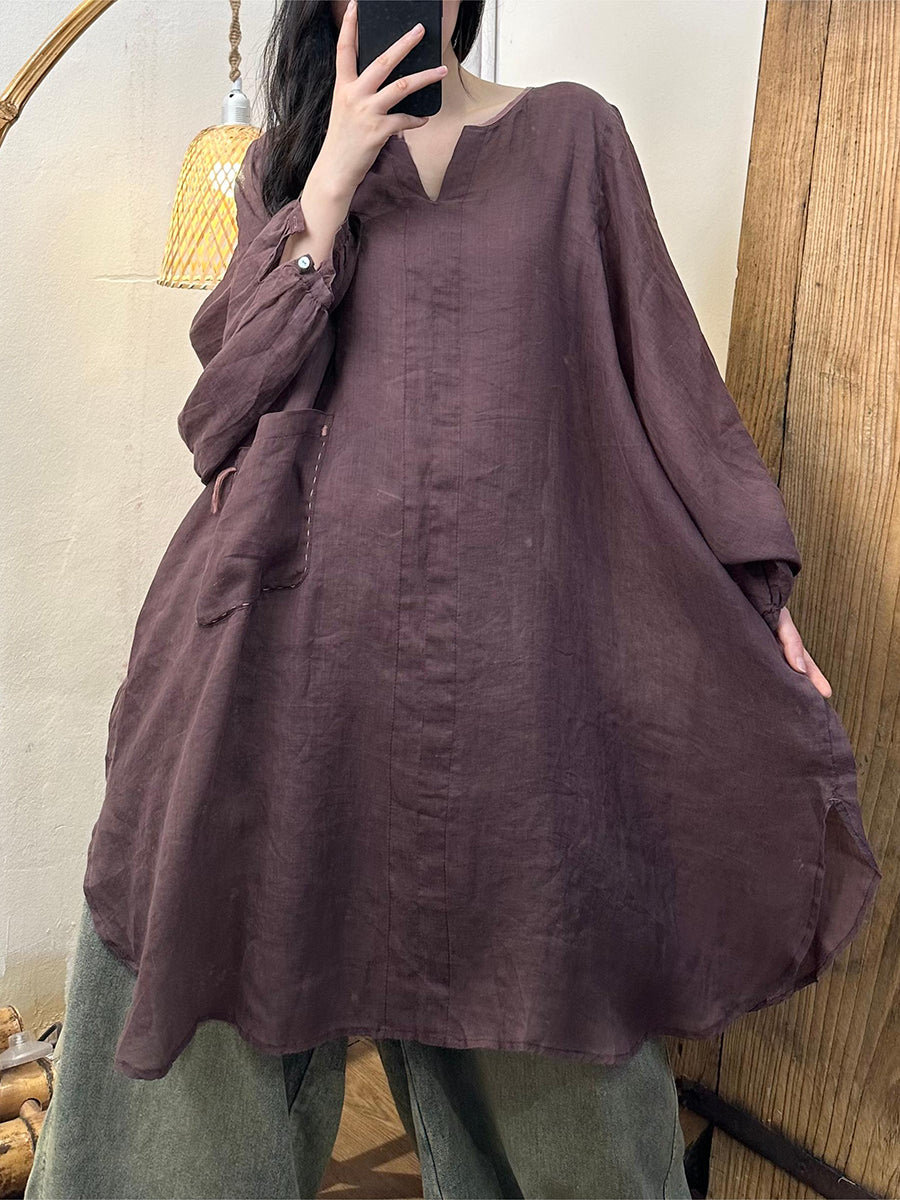 Plus Size Women Spring Solid Loose Ramie Long Shirt KL1020 Ada Fashion