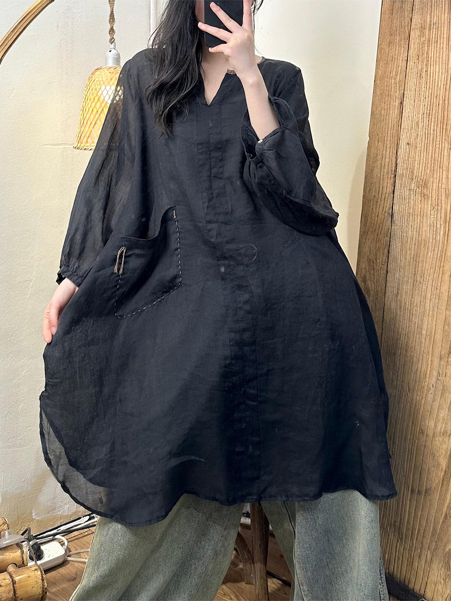 Plus Size Women Spring Solid Loose Ramie Long Shirt KL1020 Ada Fashion