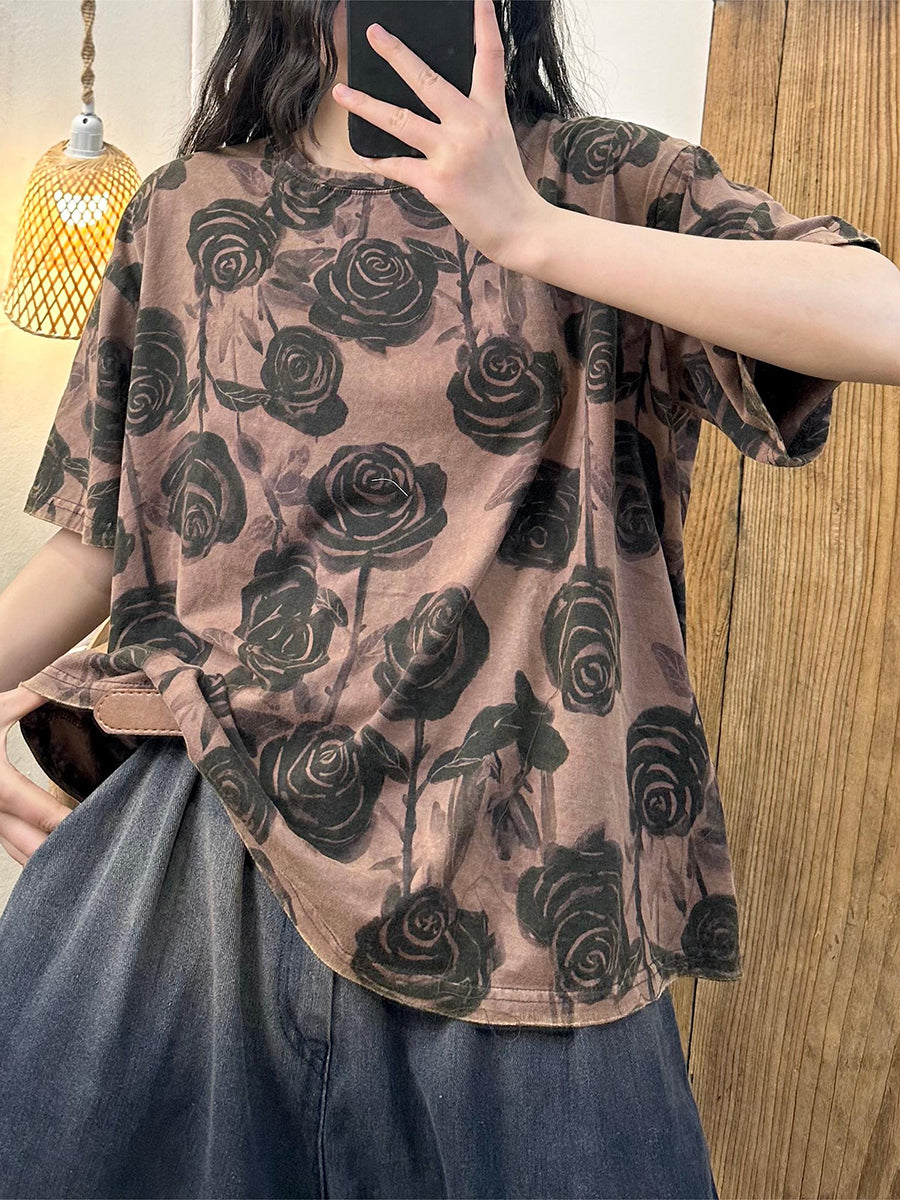 Plus Size Women Summer Artsy Rose 100%Cotton Shirt KL1023 Ada Fashion