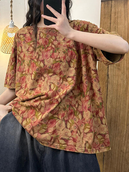 Plus Size Women Summer Artsy Rose 100%Cotton Shirt KL1023 Ada Fashion