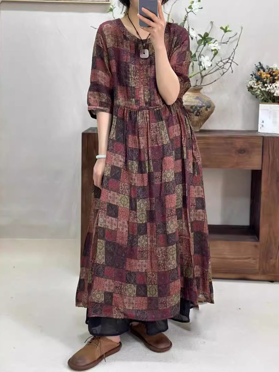 Women Vintage Summer Floral Plaid Loose Ramie Dress KL1025 Ada Fashion