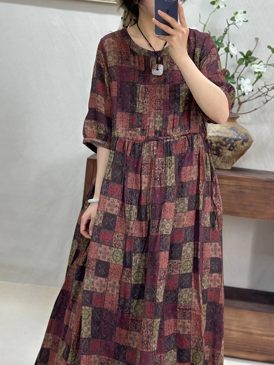 Women Vintage Summer Floral Plaid Loose Ramie Dress KL1025 Ada Fashion