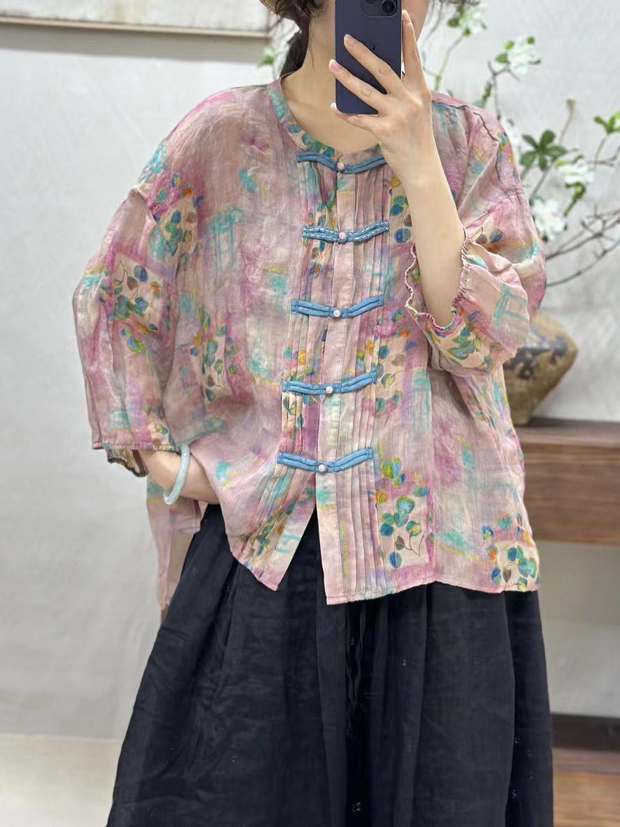 Women Artsy Floral Spring Button Up Ramie Shirt KL1026 Ada Fashion