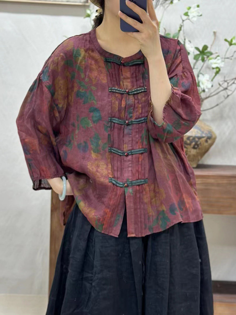 Women Artsy Floral Spring Button Up Ramie Shirt KL1026 Ada Fashion