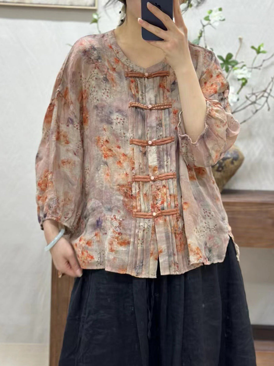 Women Artsy Floral Spring Button Up Ramie Shirt KL1026 Ada Fashion