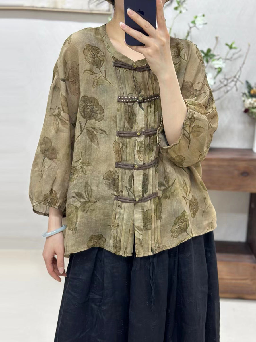 Women Artsy Floral Spring Button Up Ramie Shirt KL1026 Ada Fashion