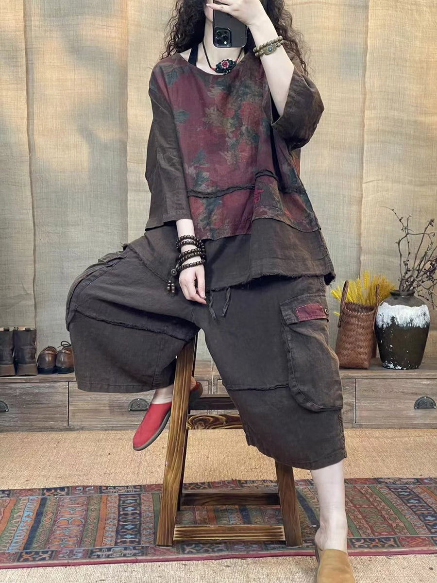 Women Retro Flower Spliced Summer Linen Shirt CO1037 Ada Fashion