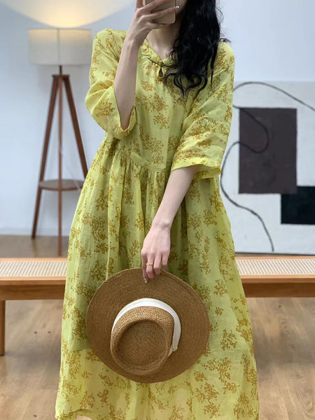 Women Summer Artsy Floral Ramie Loose Dress CO1038 Ada Fashion