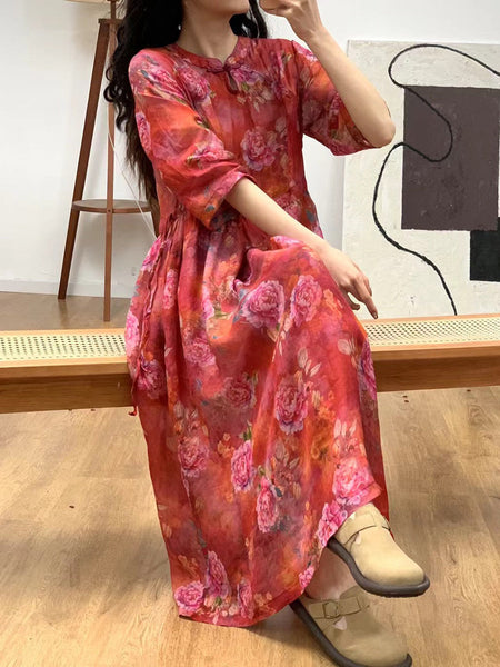 Women Summer Artsy Floral Ramie Loose Dress KL1029 Ada Fashion
