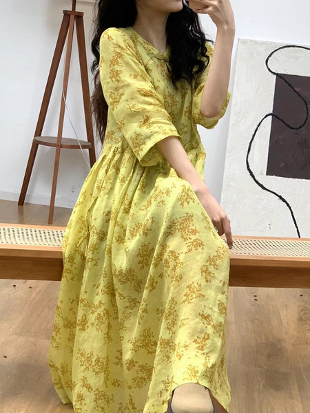 Women Summer Artsy Floral Ramie Loose Dress KL1029 Ada Fashion