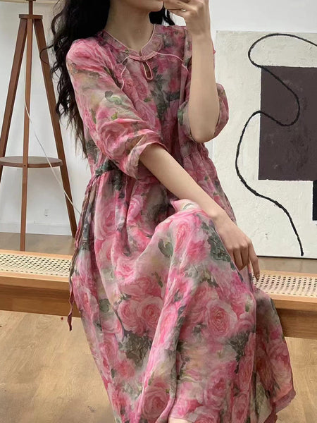 Women Summer Artsy Floral Ramie Loose Dress KL1029 Ada Fashion