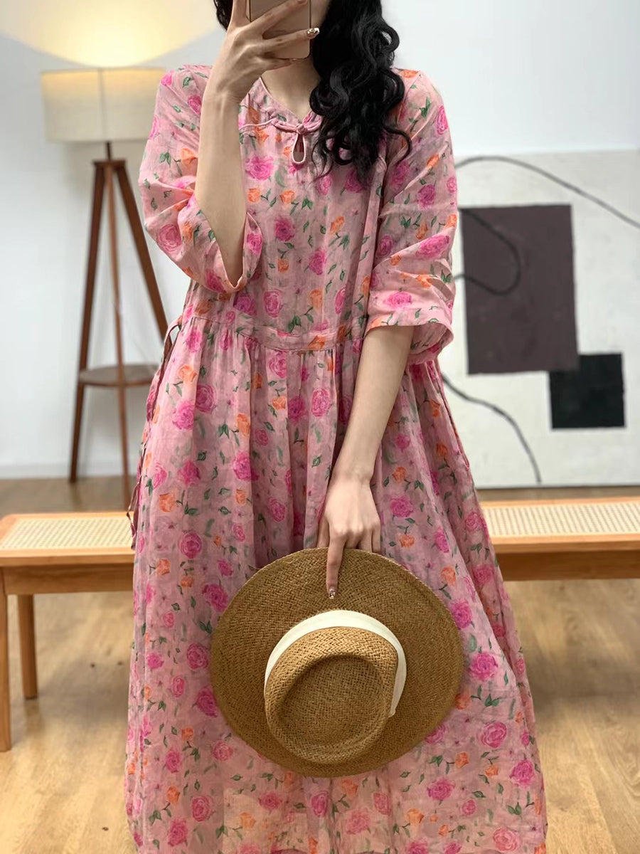 Women Summer Artsy Floral Ramie Loose Dress CO1038 Ada Fashion