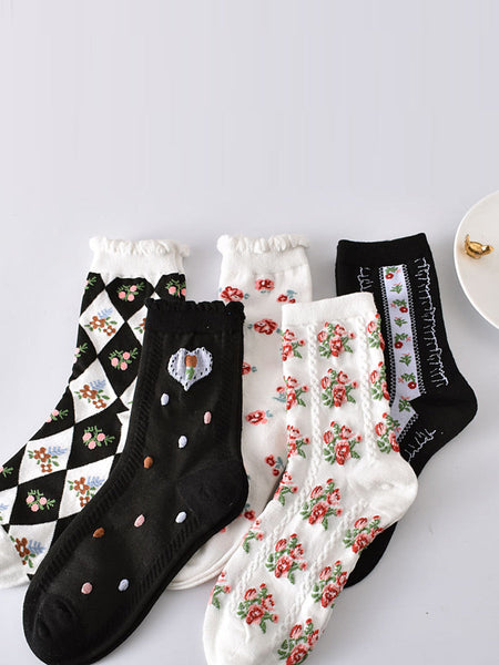 5 Pairs Women Artsy Summer Flower Jacquard Socks KL1038 Ada Fashion