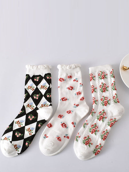 5 Pairs Women Artsy Summer Flower Jacquard Socks KL1038 Ada Fashion