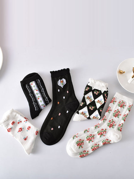 5 Pairs Women Artsy Summer Flower Jacquard Socks KL1038 Ada Fashion