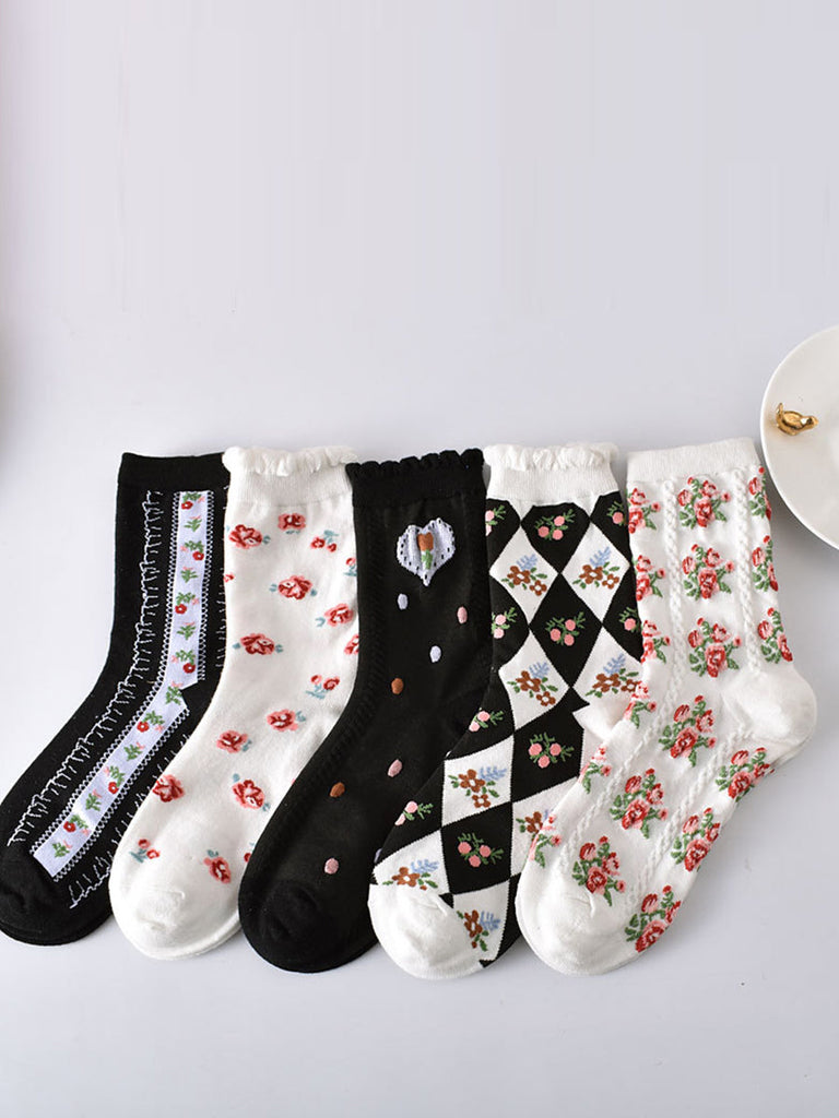 5 Pairs Women Artsy Summer Flower Jacquard Socks KL1038 Ada Fashion