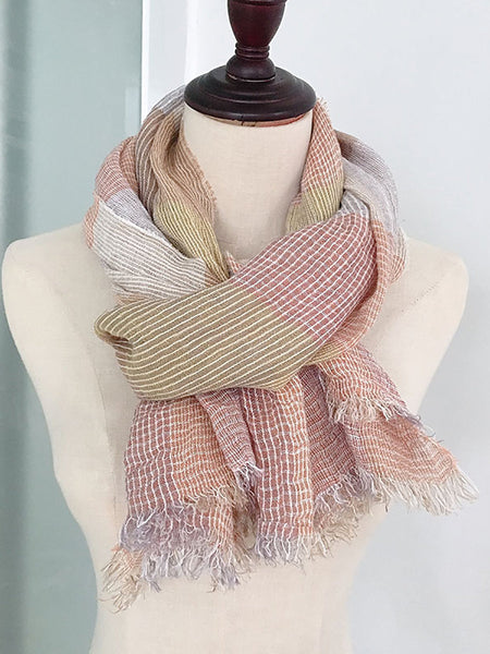 Women Artsy Summer Plaid Tassel Thin Scarf KL1046 Ada Fashion