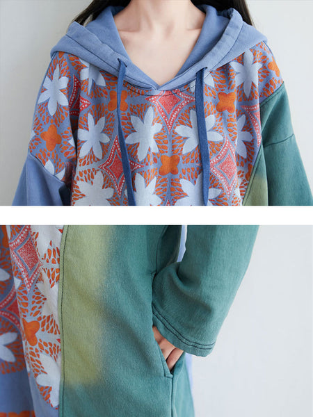 Women Artsy Flower Spliced Spring Hooded Sweatshirt KL1047 Ada Fashion