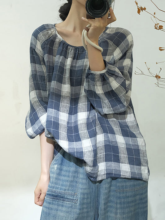 Women Spring Plaid Artsy Linen Loose Blouse KL1048 Ada Fashion