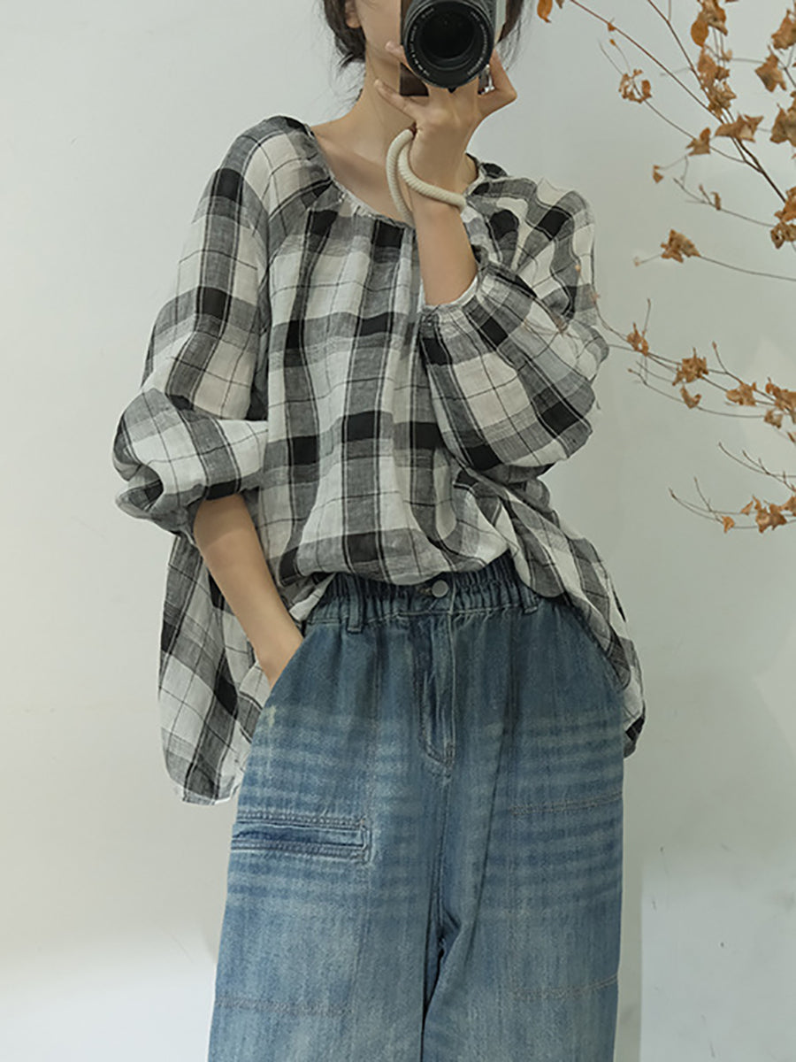 Women Spring Plaid Artsy Linen Loose Blouse KL1048 Ada Fashion