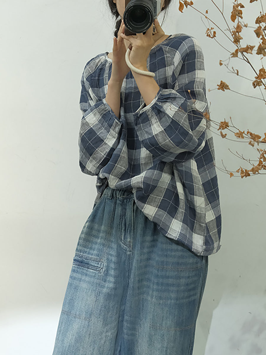 Women Spring Plaid Artsy Linen Loose Blouse KL1048 Ada Fashion