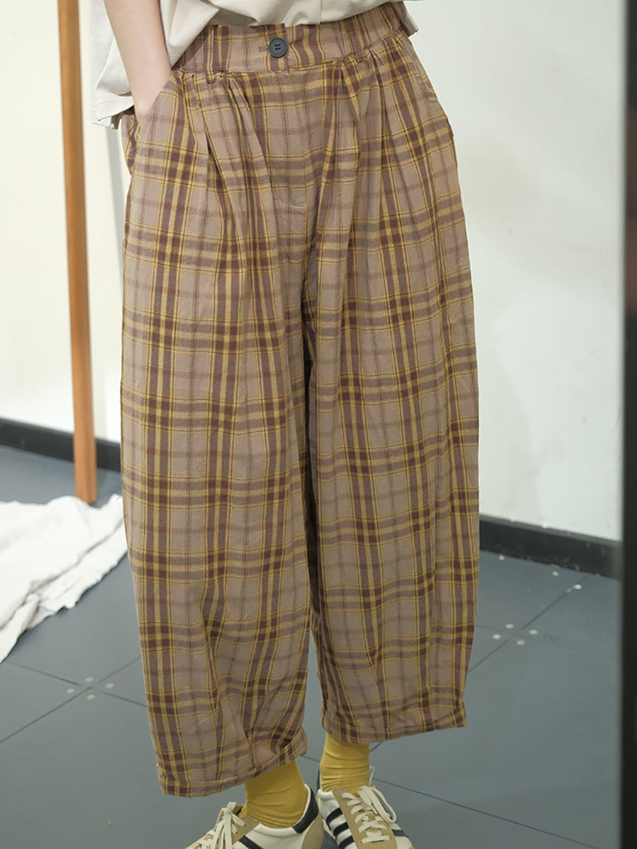 Women Casual Plaid Summer Cotton Loose Harem Pants KL1049 Ada Fashion