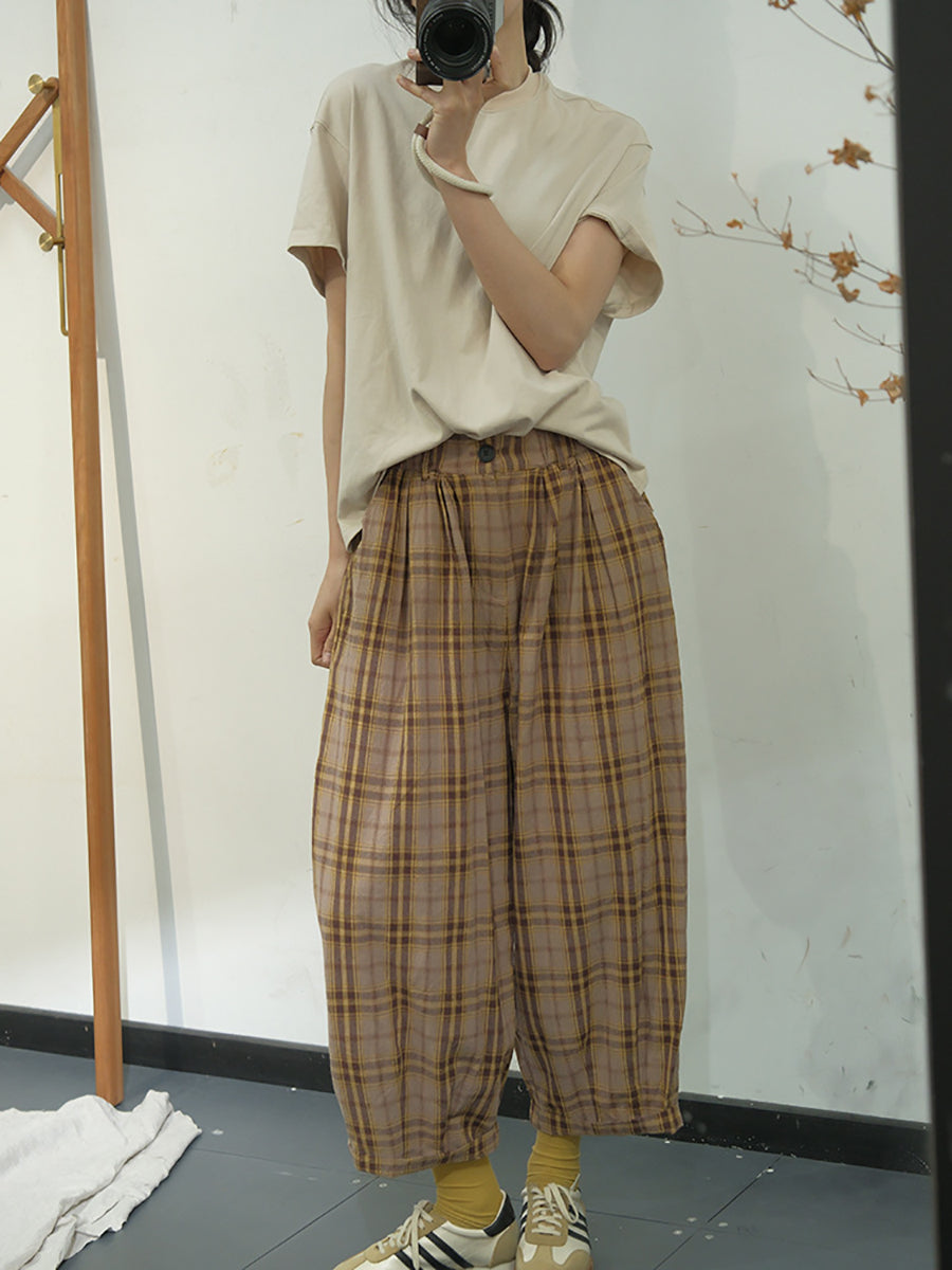 Women Casual Plaid Summer Cotton Loose Harem Pants KL1049 Ada Fashion