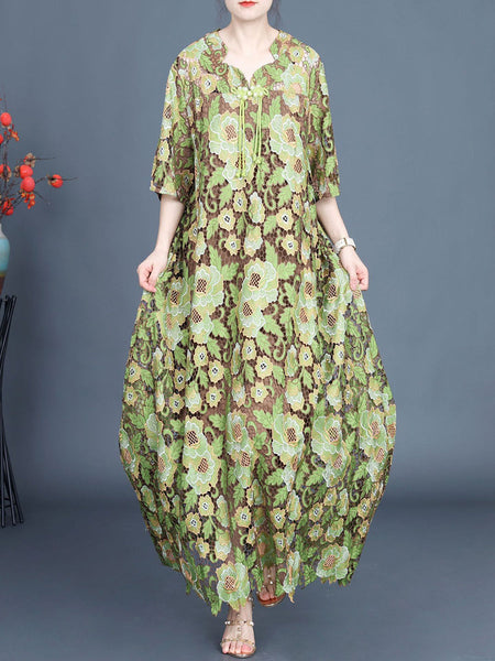 Women Artsy Summer Flower Lace Dual-layer Maxi Dress KL1051 Ada Fashion