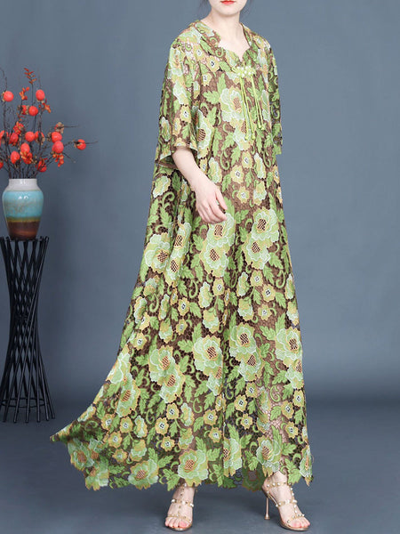 Women Artsy Summer Flower Lace Dual-layer Maxi Dress KL1051 Ada Fashion