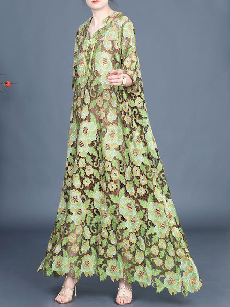 Women Artsy Summer Flower Lace Dual-layer Maxi Dress KL1051 Ada Fashion