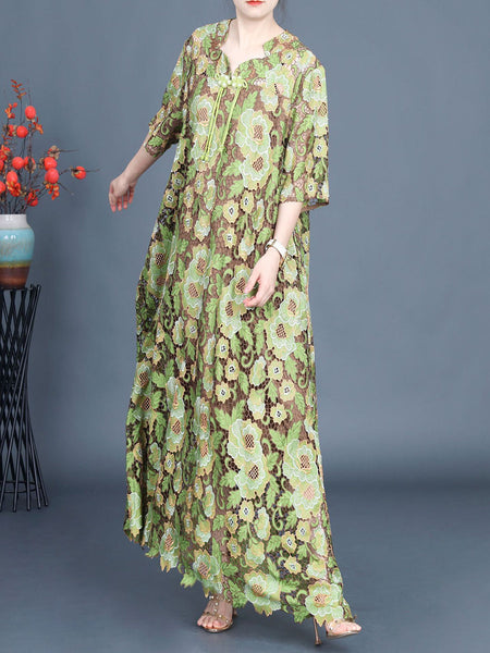 Women Artsy Summer Flower Lace Dual-layer Maxi Dress KL1051 Ada Fashion