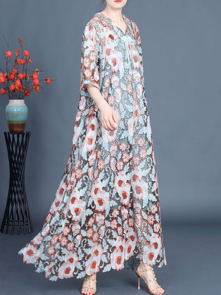 Women Artsy Summer Flower Lace Dual-layer Maxi Dress KL1051 Ada Fashion