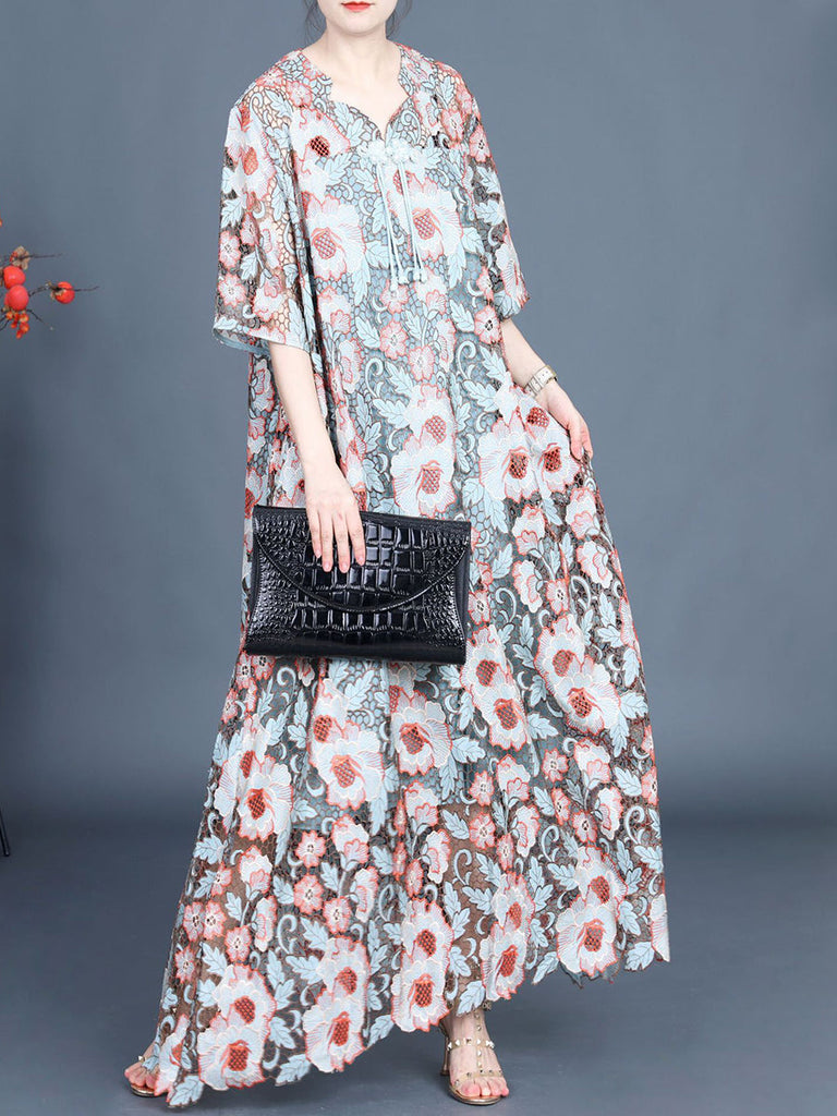 Women Artsy Summer Flower Lace Dual-layer Maxi Dress KL1051 Ada Fashion