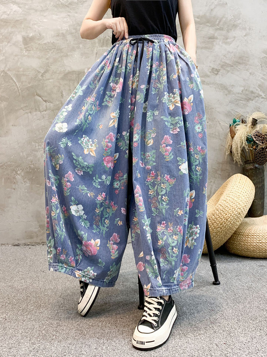 Women Artsy Summer Floral Denim Wide-leg Pants KL1055 Ada Fashion