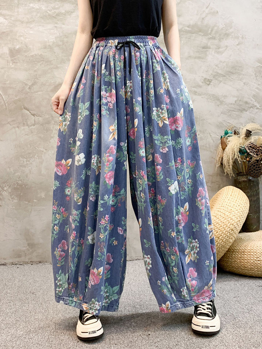 Women Artsy Summer Floral Denim Wide-leg Pants KL1055 Ada Fashion