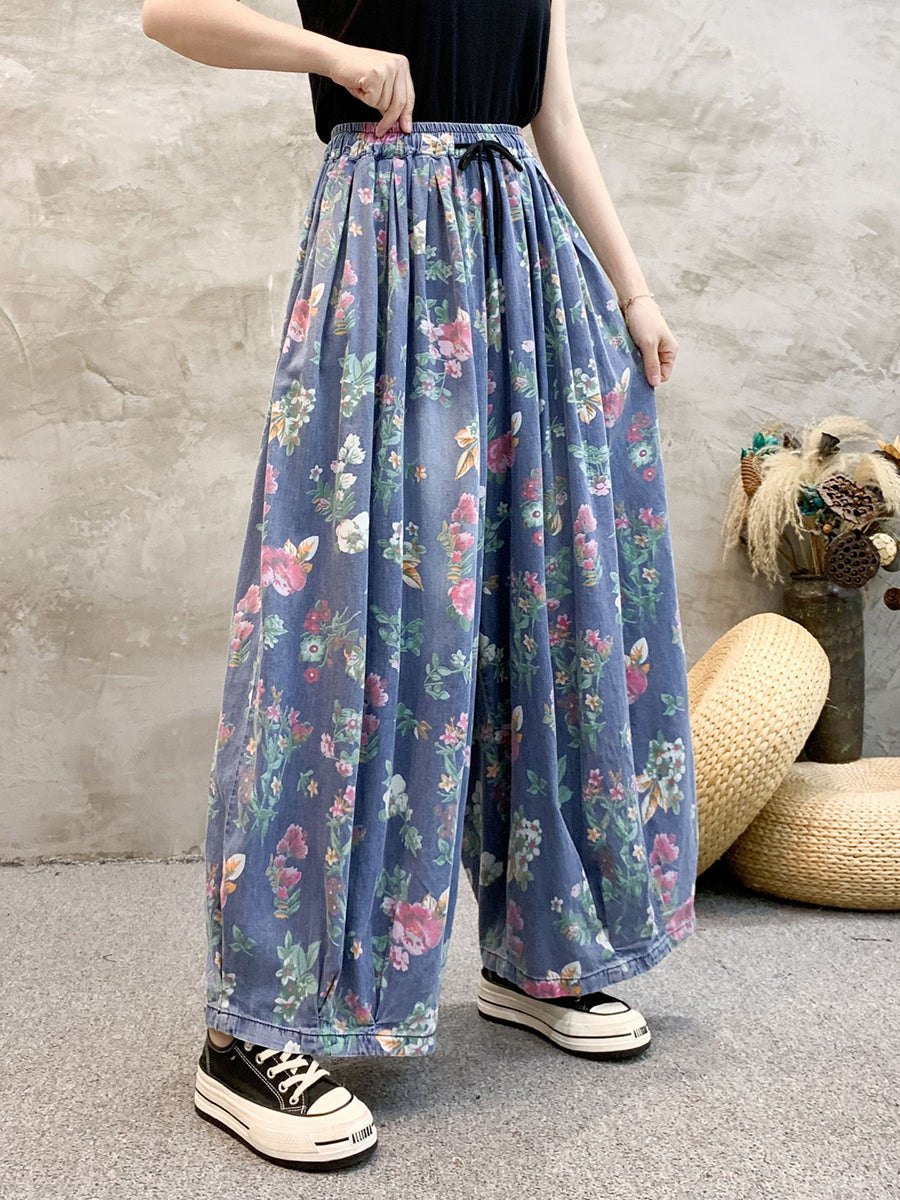 Women Artsy Summer Floral Denim Wide-leg Pants KL1055 Ada Fashion