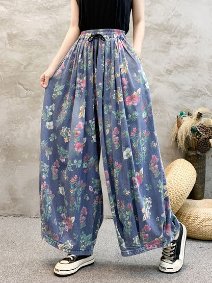 Women Artsy Summer Floral Denim Wide-leg Pants KL1055 Ada Fashion