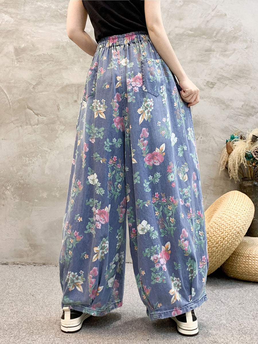 Women Artsy Summer Floral Denim Wide-leg Pants KL1055 Ada Fashion