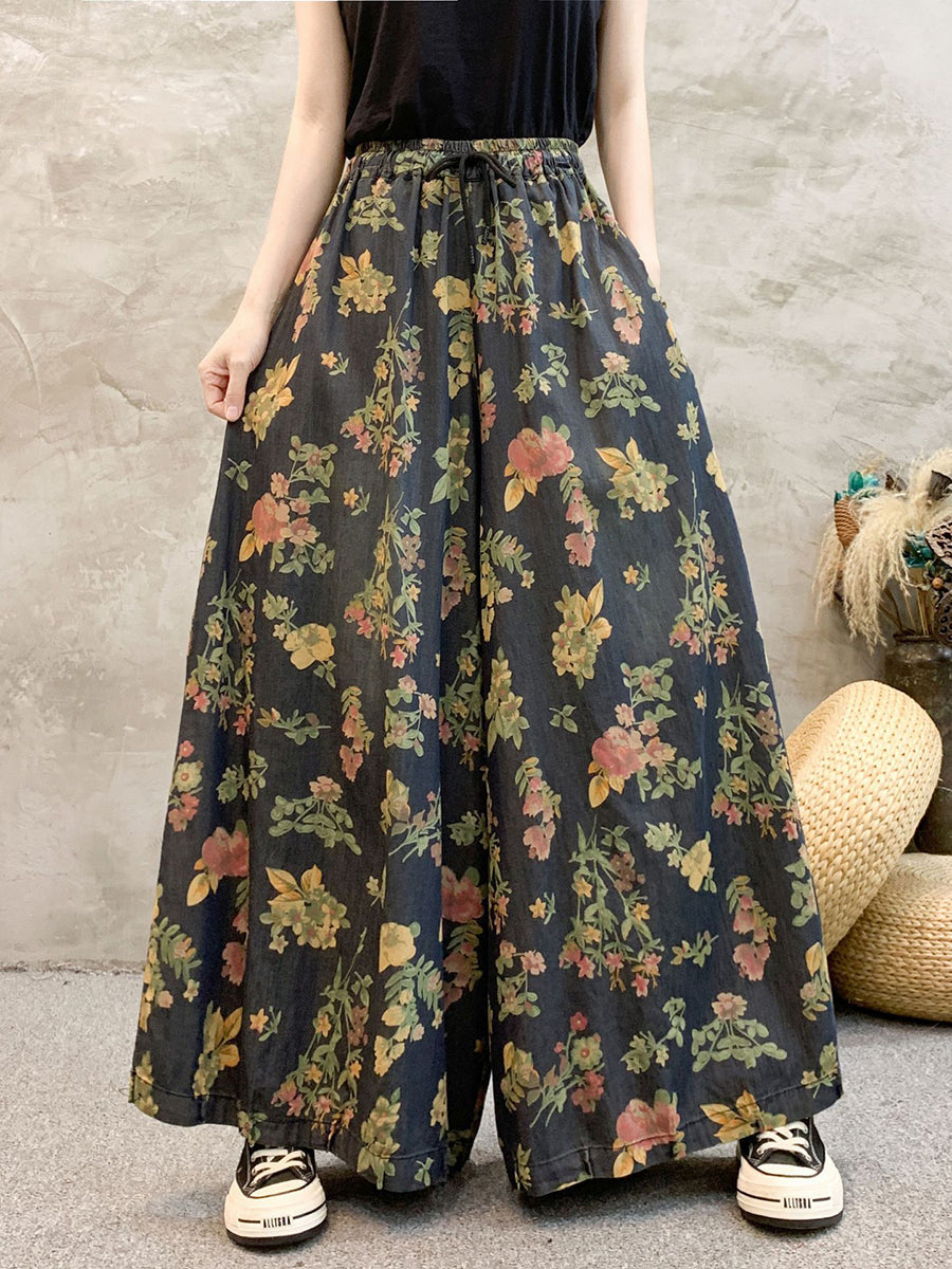 Women Artsy Summer Floral Denim Wide-leg Pants KL1055 Ada Fashion