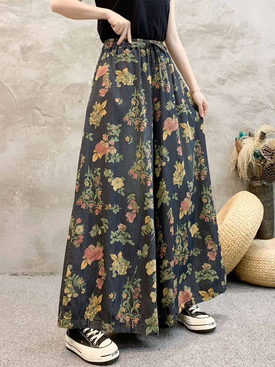 Women Artsy Summer Floral Denim Wide-leg Pants KL1055 Ada Fashion