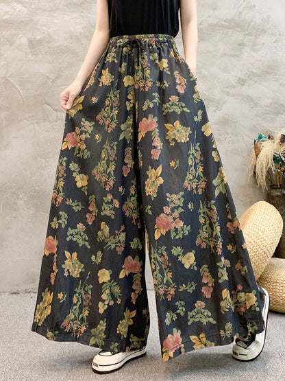 Women Artsy Summer Floral Denim Wide-leg Pants KL1055 Ada Fashion