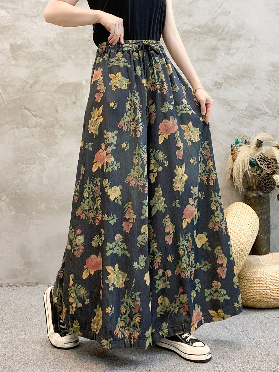 Women Artsy Summer Floral Denim Wide-leg Pants KL1055 Ada Fashion