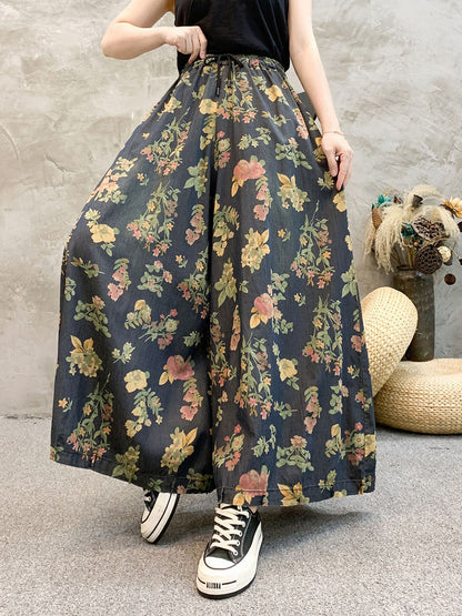 Women Artsy Summer Floral Denim Wide-leg Pants KL1055 Ada Fashion