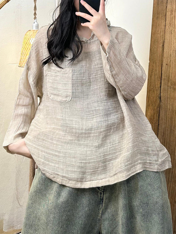 Women Spring Artsy Solid Thin Hooded Ramie Shirt SC1059 Ada Fashion