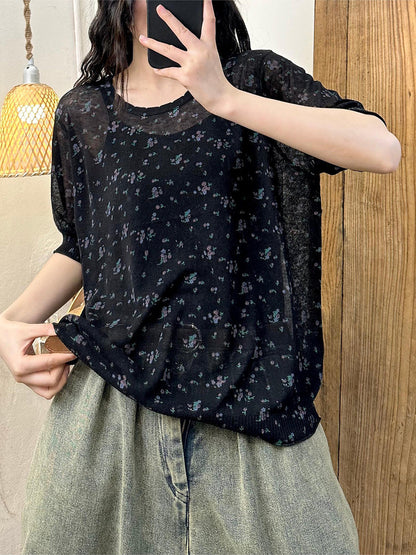 Women Summer Floral Knitted Thin Linen Shirt KL1006 Ada Fashion